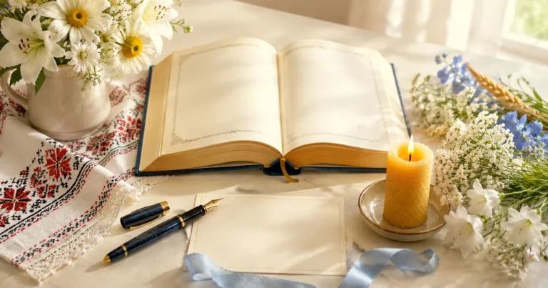 Церковна книга, свічка і вишитий рушник — свято 13 серпня