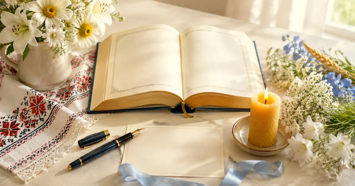 Церковна книга, свічка і вишитий рушник — свято 13 серпня
